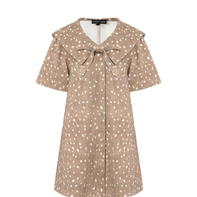 Sister Jane brown cotton mini dress with large bow collar, short sleeves, and all-over pale spot print, A-line silhouette
