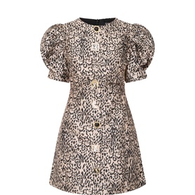 Sister Jane brown leopard-print mini dress with puff sleeves, A-line silhouette, and gold button-front detail