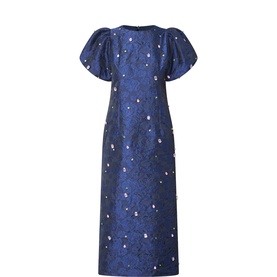 Sister Jane navy midi dress with puff sleeves, floral jacquard fabric, and scattered gem embellishments