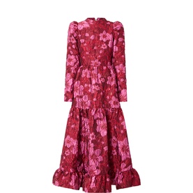 Sister Jane dress in red and pink floral jacquard, long sleeves, high neck, tiered skirt with ruffle hem