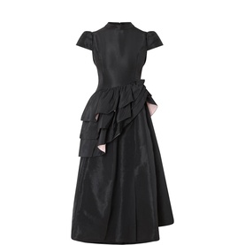 Sister Jane black midi dress with cap sleeves, tiered ruffle detail at waist, and full A-line skirt with pale pink lining accent