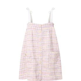 Sister Jane pink tweed mini dress with gold button front, patch pockets, and white bow shoulder straps