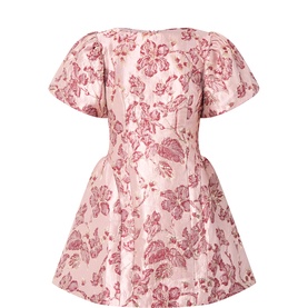 Sister Jane pink floral jacquard mini dress with puff sleeves, structured flared skirt, and back zip fastening