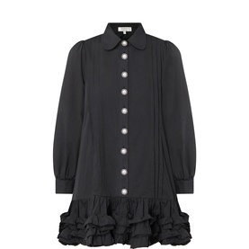 Sister Jane black cotton mini dress with peter pan collar, jewel button placket, long sleeves and tiered ruffle hem