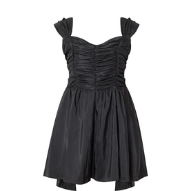 Sister Jane black ruched bodice mini dress with sweetheart neckline, bow shoulders, and full skirt in taffeta-style fabric