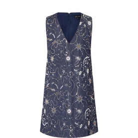 Sister Jane blue sleeveless mini dress with gold celestial star and constellation print, V-neckline, A-line silhouette
