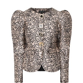 Sister Jane brown leopard print jacket with puff shoulders, collarless neckline, and gold button fastening