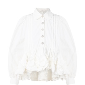 Sister Jane white cotton shirt with pintuck detail, decorative buttons, balloon sleeves, and ruffled hem