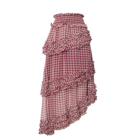 Sister Jane tiered midi skirt in pink check, featuring asymmetric hem and ruched frill trim throughout