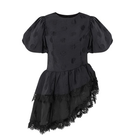 Sister Jane black puff-sleeve top with tonal floral jacquard, asymmetric tiered hem and lace trim detail