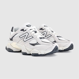 New Balance 9060 trainers in Reflection Sea Salt, white and grey mesh upper with navy N logo and cream chunky sole