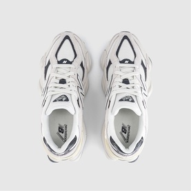 New Balance 9060 trainers in Reflection Sea Salt, white and navy mesh upper with chunky cream sole, overhead view