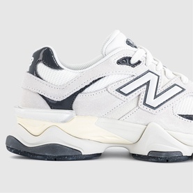 New Balance 9060 trainers in Reflection Sea Salt, white and navy leather upper, chunky cream and grey speckled sole