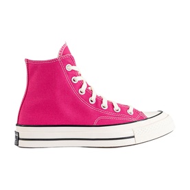 Converse Chuck 70 Hi-Top trainer in pink canvas with white laces, black branding strip, and cream midsole