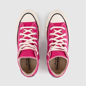 Converse Chuck 70 high-top trainers in pink canvas with cream laces and off-white sole, overhead flat-lay view