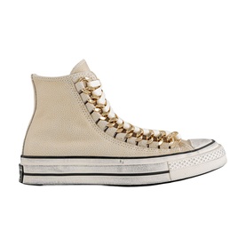 Converse Chuck 70 Hi trainer in egret, gold chain lacing detail, cream canvas upper, black foxing stripe, off-white cupsole
