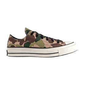 Converse Chuck 70 low-top trainer in green and brown camouflage print, black laces, cream midsole and black outsole