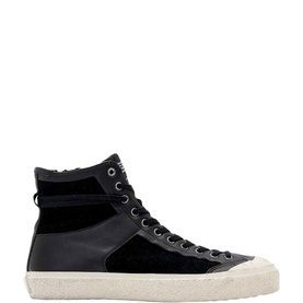All Saints high-top trainer in black suede and leather with white shearling trim and cream textured sole