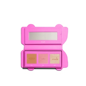 Benefit Beauty All Make Up Set, pink bear-shaped compact with mirror and three warm-toned highlight and bronzer shades