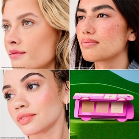 Benefit Beauty All make-up set in pink palette compact, shown with three models wearing natural glowy blush and highlight looks