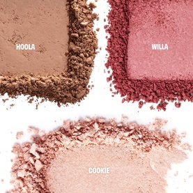 Benefit makeup powder swatches in three shades: Hoola (warm brown), Willa (berry pink), and Cookie (soft champagne pink)