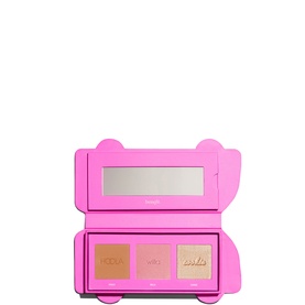 Benefit Beauty All Make Up Set, pink bear-shaped compact with mirror and three warm-toned highlight and bronzer shades