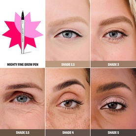 Benefit The Great Brow Hall Eyebrow Pen & 24Hr Brow Setter Duo Gift Set showing brow pen and five shade swatches on models' eyes