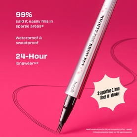 Benefit The Great Brow Hall Eyebrow Pen & 24Hr Brow Setter Duo Gift Set; close-up of brow pen nib with product claims on pink background.
