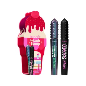 Benefit The Lash Scoop mascara set in ice cream-shaped pink packaging with two BADgal BANG mascaras