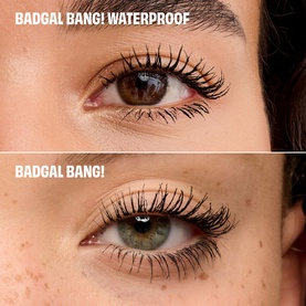 Benefit Badgal Bang! Waterproof vs Badgal Bang! mascara comparison showing lash volume and curl results on two models.