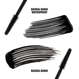 Benefit Badgal Bang! mascara wand and brush stroke swatches comparing Waterproof and original formulas in black