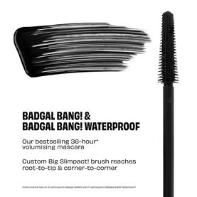 Benefit Badgal Bang mascara wand with Custom Big Slimpact brush, shown against white background with product claim text