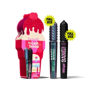 Benefit The Lash Scoop mascara set with ice cream-shaped box and two full-size BADgal BANG mascaras in black