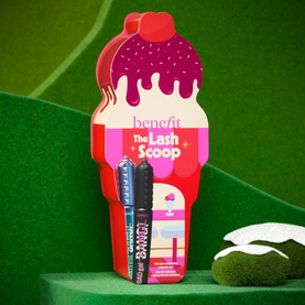 Benefit The Lash Scoop mascara make-up set in ice cream cone-shaped pink and red gift packaging with mascaras visible