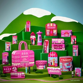 Benefit Beauty All advent calendar, pink cityscape gift set with multiple make-up products displayed as miniature buildings