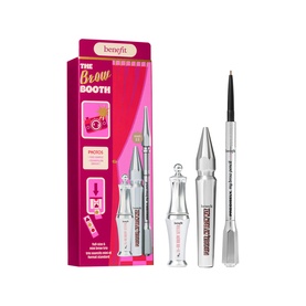 Benefit The Brow Booth make-up set with brow pencil, clear gel, and precision brush in pink gift box packaging