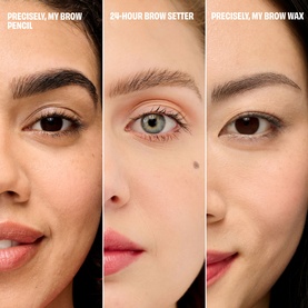 Benefit make-up set: three close-up model shots showing brow pencil, 24-hour brow setter, and brow wax results on different skin tones