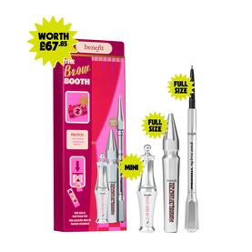 Benefit The Brow Booth make-up set with full size and mini brow products displayed beside pink packaging, worth &pound;67.25