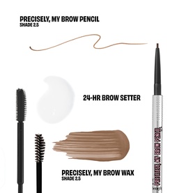 Benefit brow set with Precisely My Brow Pencil, 24-Hr Brow Setter and Precisely My Brow Wax in Shade 2.5, showing swatches
