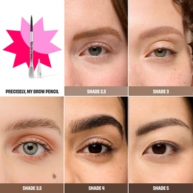 Benefit Precisely My Brow Pencil shade range shown across five models displaying shades 2.5, 3, 3.5, 4 and 5 on brows