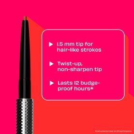 Benefit brow pencil with 1.5mm hair-like stroke tip, twist-up non-sharpening design, lasts 12 budge-proof hours