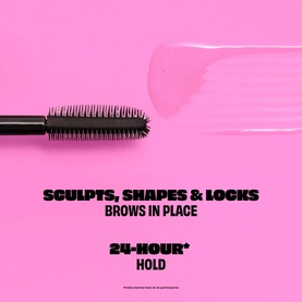 Benefit brow styling wand with clear gel swatch on pink background, text reads Sculpts, Shapes & Locks Brows in Place, 24-Hour Hold