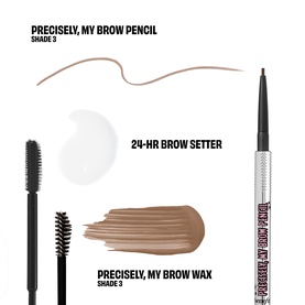 Benefit Precisely, My Brow Pencil, 24-Hr Brow Setter and Brow Wax set in Shade 3, showing swatches and product textures