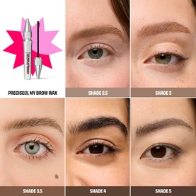 Benefit Precisely My Brow Wax shade grid showing five brow shades 2.5, 3, 3.5, 4 and 5 on different models