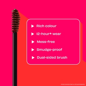 Benefit mascara dual-sided brush wand on pink background with key claims: rich colour, 12-hour wear, mess-free, smudge-proof