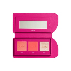 Benefit Beauty All make-up set, hot pink compact with mirror, featuring three blush shades in coral, pink and nude tones