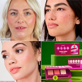 Benefit Control Station blush and bronzer make-up set shown in packaging alongside three models wearing the products on varying skin tones