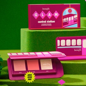 Benefit Glam Central Station limited edition makeup set, pink compact palette with blush shades and matching box on green stepped display