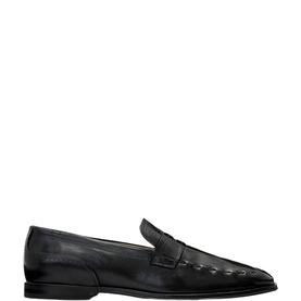 All Saints black leather penny loafer with contrast stitch detail and slim pointed toe, flat leather sole