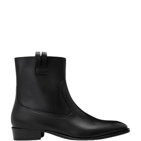 All Saints black leather ankle boot with pointed toe, block heel, and pull tab detail, on white background